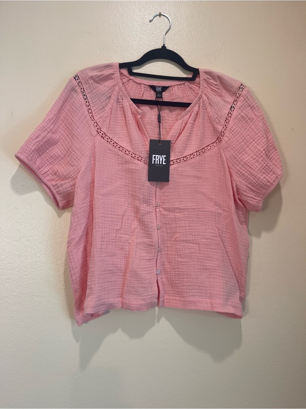 FRYE Pink Cotton Gauze Lace Inset Button Front Blouse L Relaxed Coastal NWT